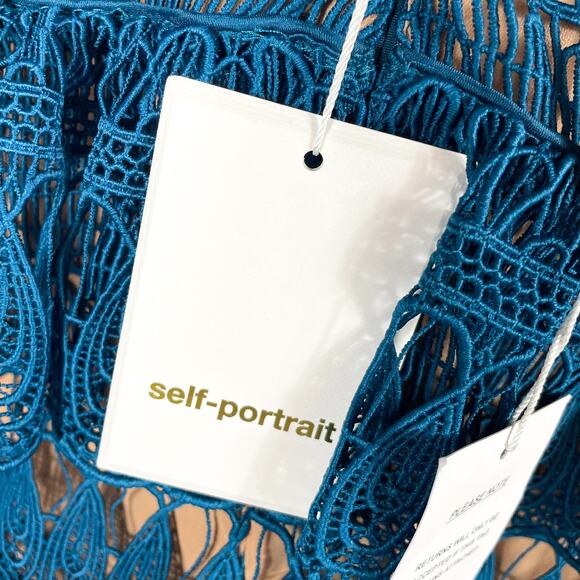 Self-Portrait Guipure Lace Mini Dress Teal Tiered Sleeveless Teardrop Sz 2 - Picture 13 of 16